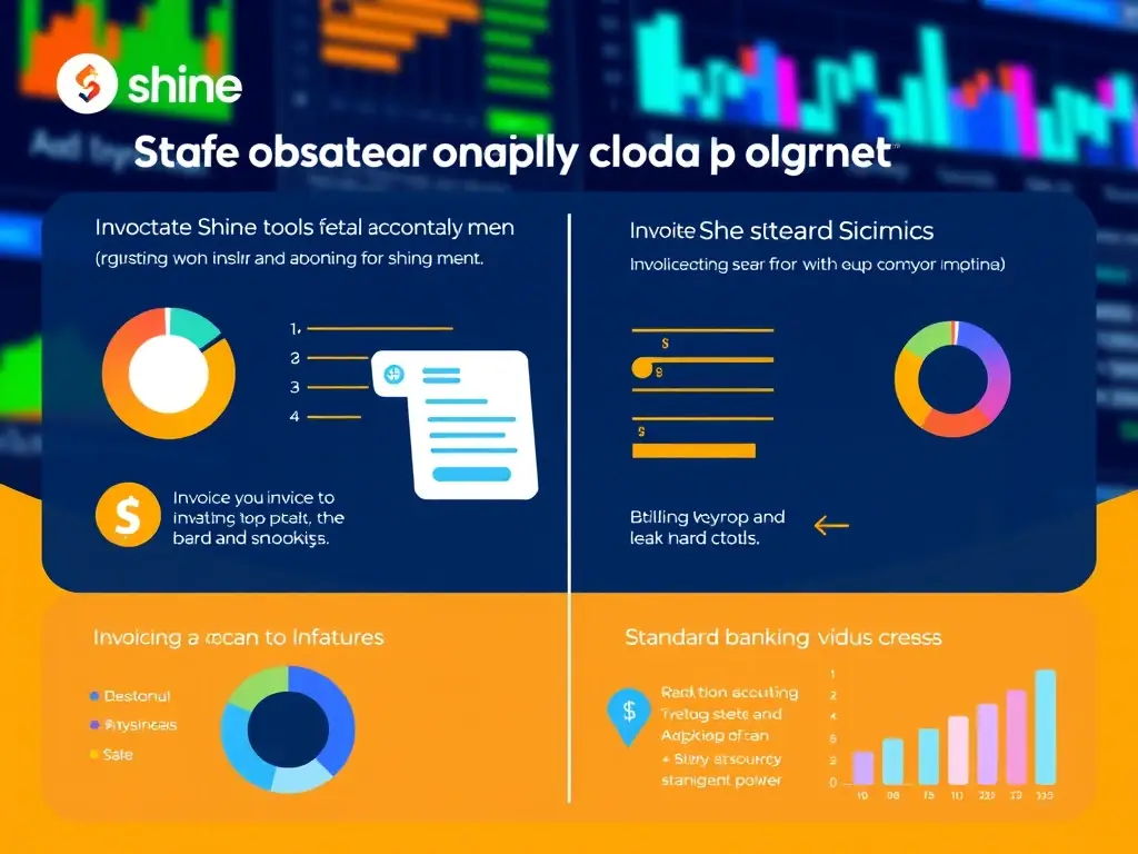 An infographic highlighting Shine's unique features, such as its integrated invoicing and accounting tools, compared to standard business banking offerings, set against a backdrop of financial data visualizations.