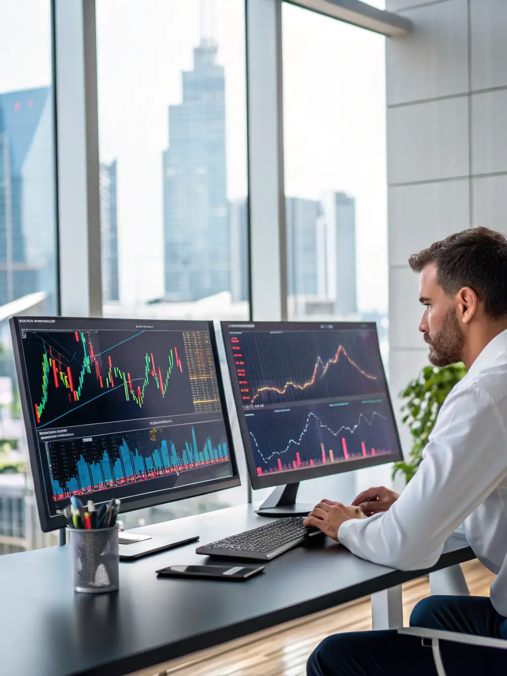 A professional workspace setup with multiple monitors displaying financial dashboards and Brex interface, emphasizing data analysis and real-time insights.